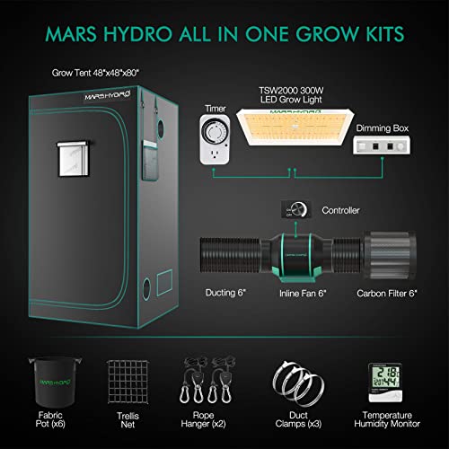 MARS HYDRO 4x4 Grow Tent Complete System 300W TSW2000 Dimmable Light, 48