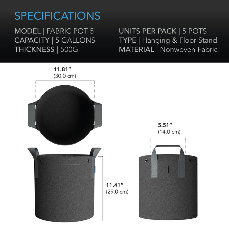 AC Infinity Heavy Duty Fabric Pots, 5 Pack - AC Infinity - Happy Hydro