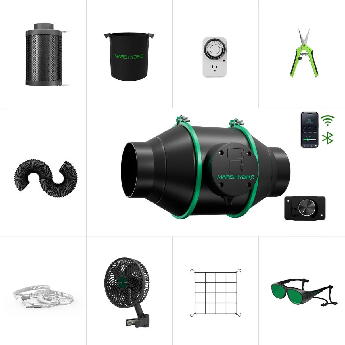 2025 Mars Hydro iFresh 4-Inch Inline Duct Fan Kit – 205CFM EC Motor, Refillable Carbon Filter, Smart APP Control Ready