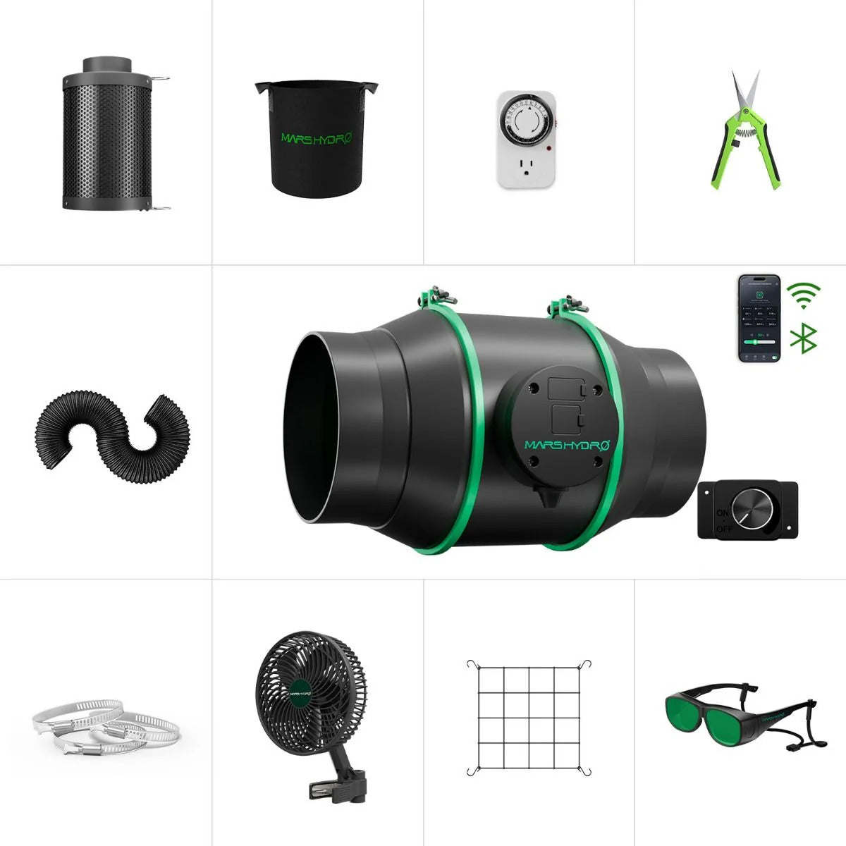 2025 Mars Hydro iFresh 6-Inch Inline Duct Fan Kit – 402CFM EC Motor, Refillable Carbon Filter, Smart APP Control Ready