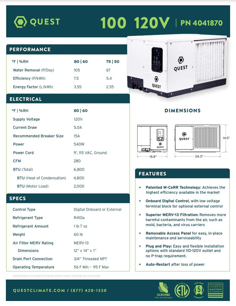 Quest 100 Dehumidifier