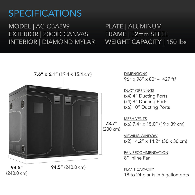 8x8 Grow Tent, AC Infinity Cloudlab 899 - 96"x96"x80"