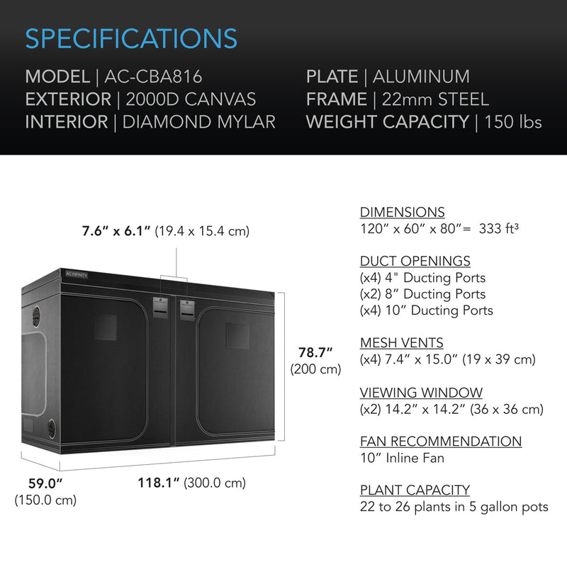 5x10 Grow Tent, AC Infinity Cloudlab 816 - 60"x120"x80"