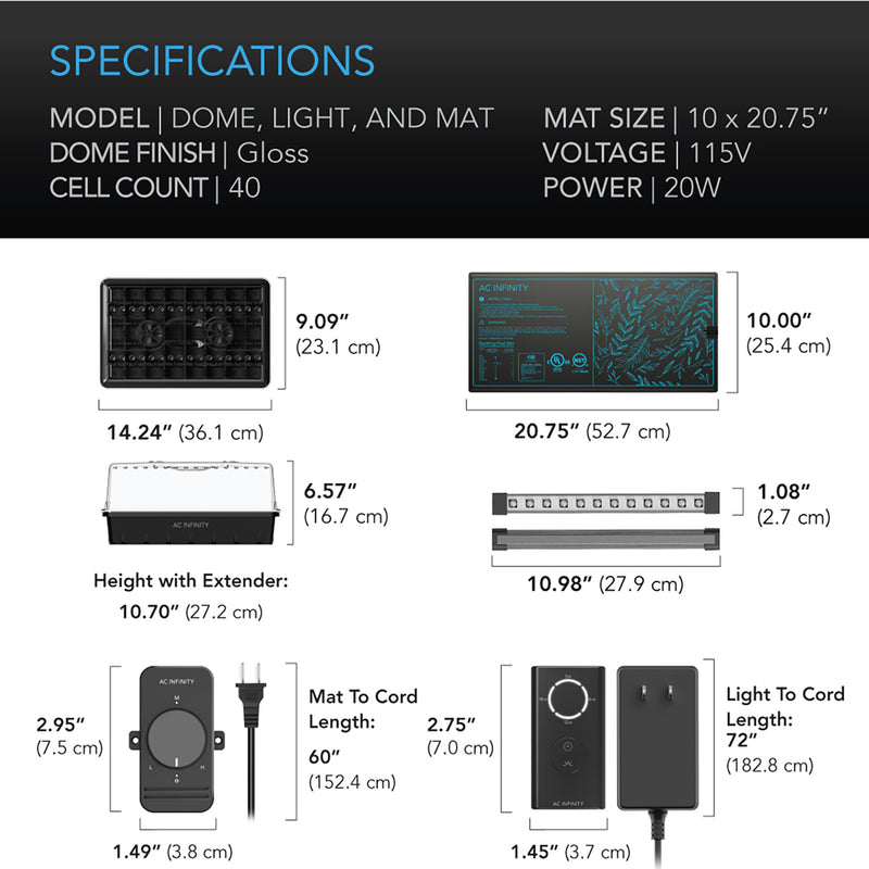 AC Infinity Propagation Kit w/ Heat Mat and LED Grow Light Bars, 5x8 Cell Tray