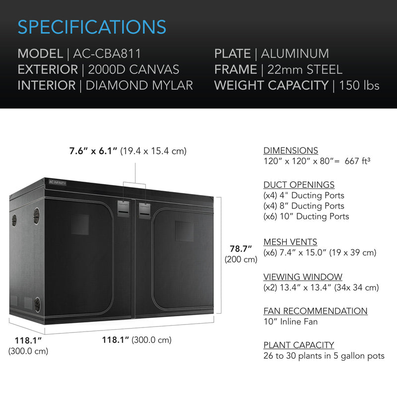 10x10 Grow Tent, AC Infinity Cloudlab 811 - 120"x120"x80"