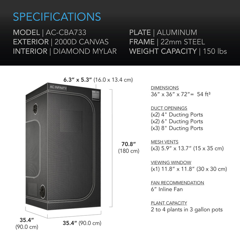 3x3 Grow Tent, AC Infinity Cloudlab 733 - 36"x36"x72"