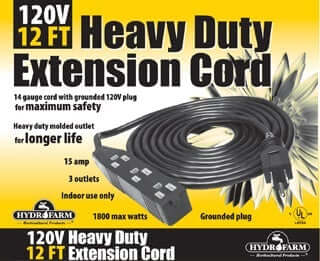 3 Outlet Power Strip / Heavy Duty Extension Cord 120V 12' - HydroFarm - Happy Hydro