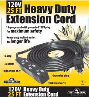 3 Outlet Power Strip / Heavy Duty Extension Cord 120V 25' - HydroFarm - Happy Hydro