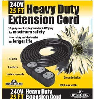 3 Outlet Power Strip / Heavy Duty Extension Cord 240V 25' - HydroFarm - Happy Hydro