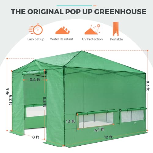Eagle Peak 12x8 ft Green Pop-Up Greenhouse with Added Stability