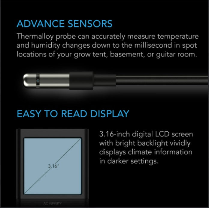 AC Infinity Digital Hygrometer CloudCom B1, 12ft Sensor Probe