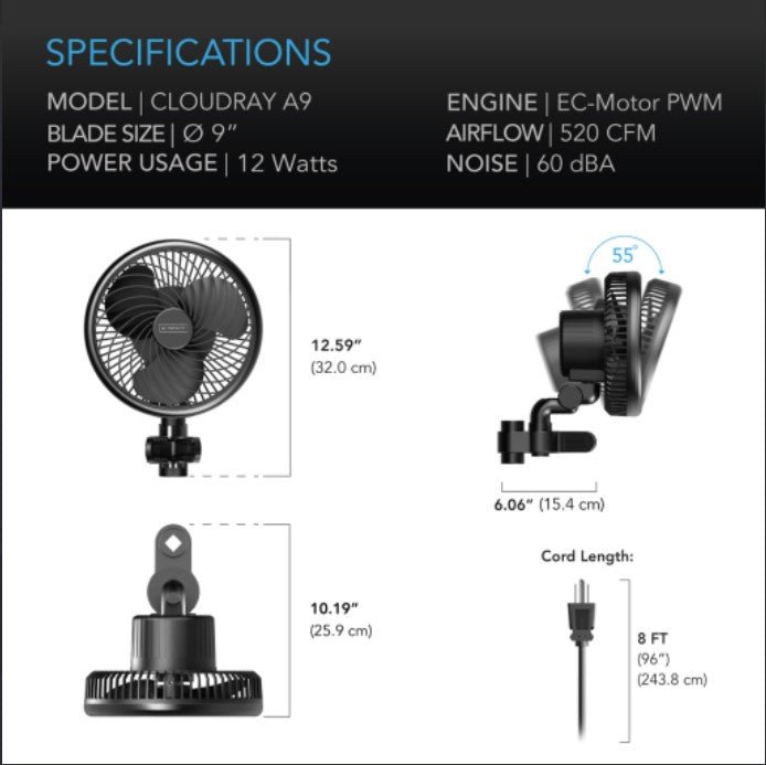 Cloudray A9 Grow Tent Clip On Fan, 9 Inch - AC Infinity - Happy Hydro