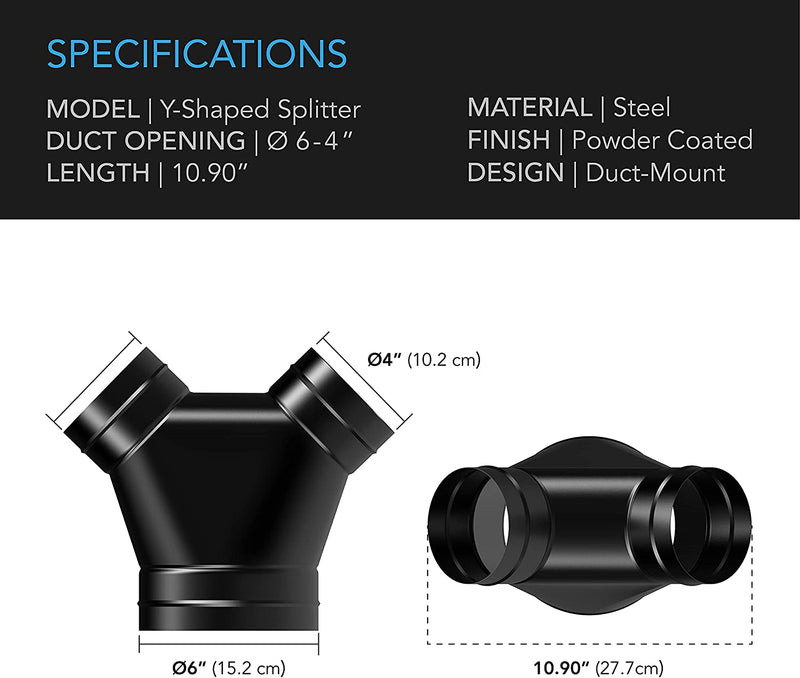 AC Infinity 3 Way Duct Splitter, 6 Inch to 4 Inch - AC Infinity - Happy Hydro