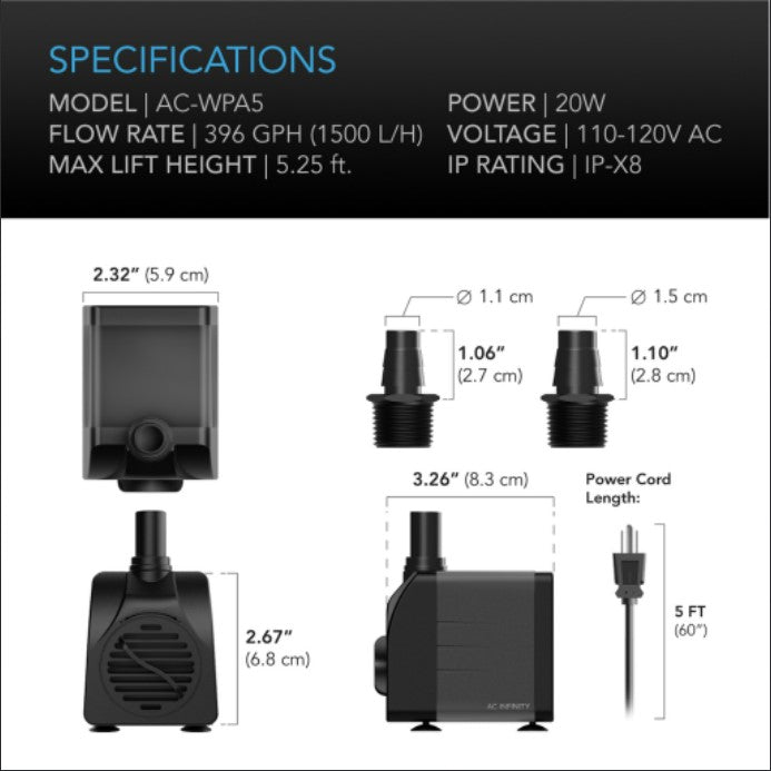 AC Infinity Submersible Water Pump, 792 GPH - AC Infinity - Happy Hydro