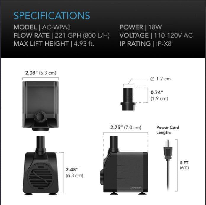 AC Infinity Submersible Water Pump, 211 GPH - AC Infinity - Happy Hydro