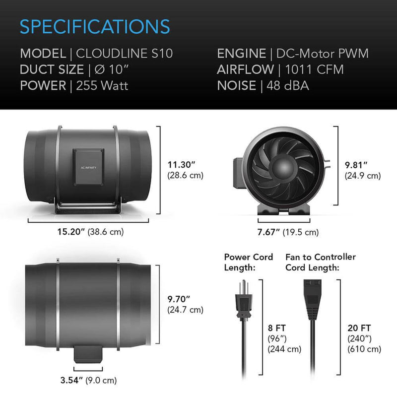 Cloudline S10 AC Infinity Fan with Speed Controller - AC Infinity - Happy Hydro