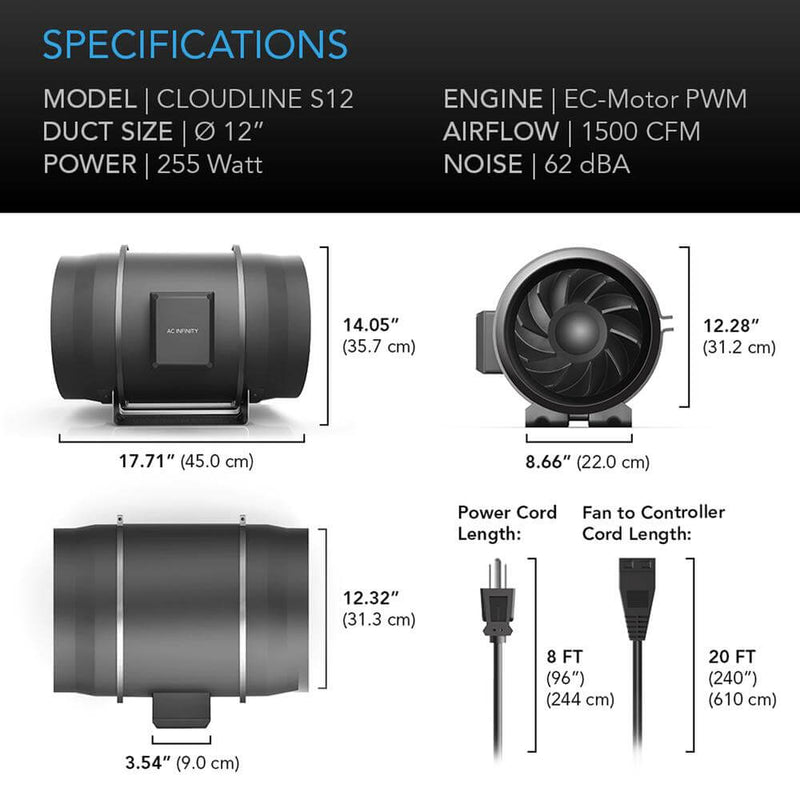 Cloudline S12AC Infinity Fan with Speed Controller - AC Infinity - Happy Hydro