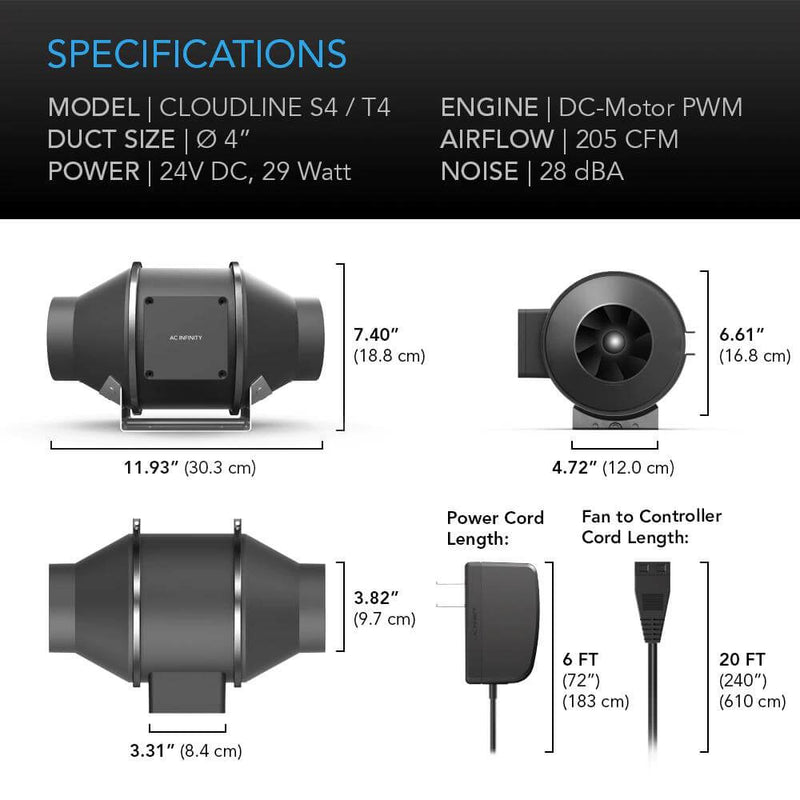 Cloudline S4 AC Infinity Fan with Speed Controller - AC Infinity - Happy Hydro