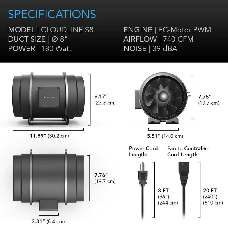 Cloudline S8 AC Infinity Fan with Speed Controller - AC Infinity - Happy Hydro