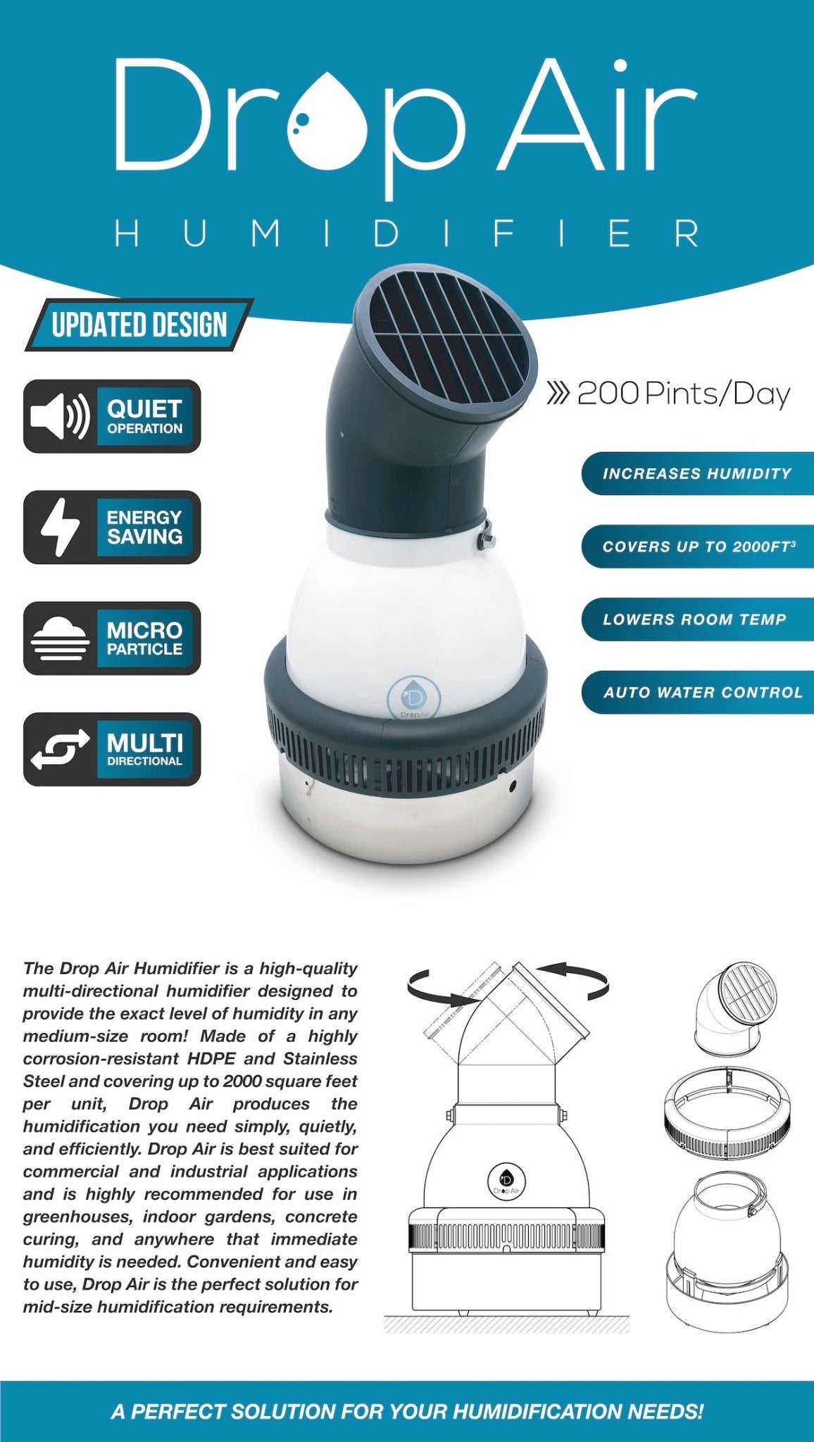 Drop Air Humidifier 200 Pints / Day Up to 2000 Sq Ft - Happy Hydro